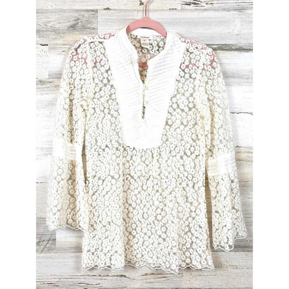 Sundance Womens XS White Embroidered Lace Bell Sleeve Blouse Sheer Boho Romantic